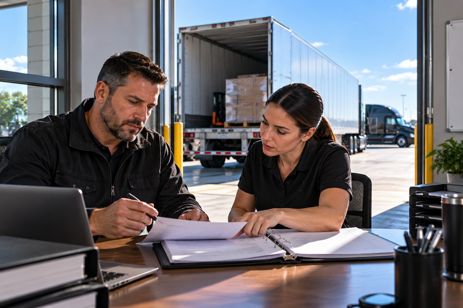Fleet owner and dispatcher reviewing a printed contract at a bright dock office desk, a trailer at the door behind them