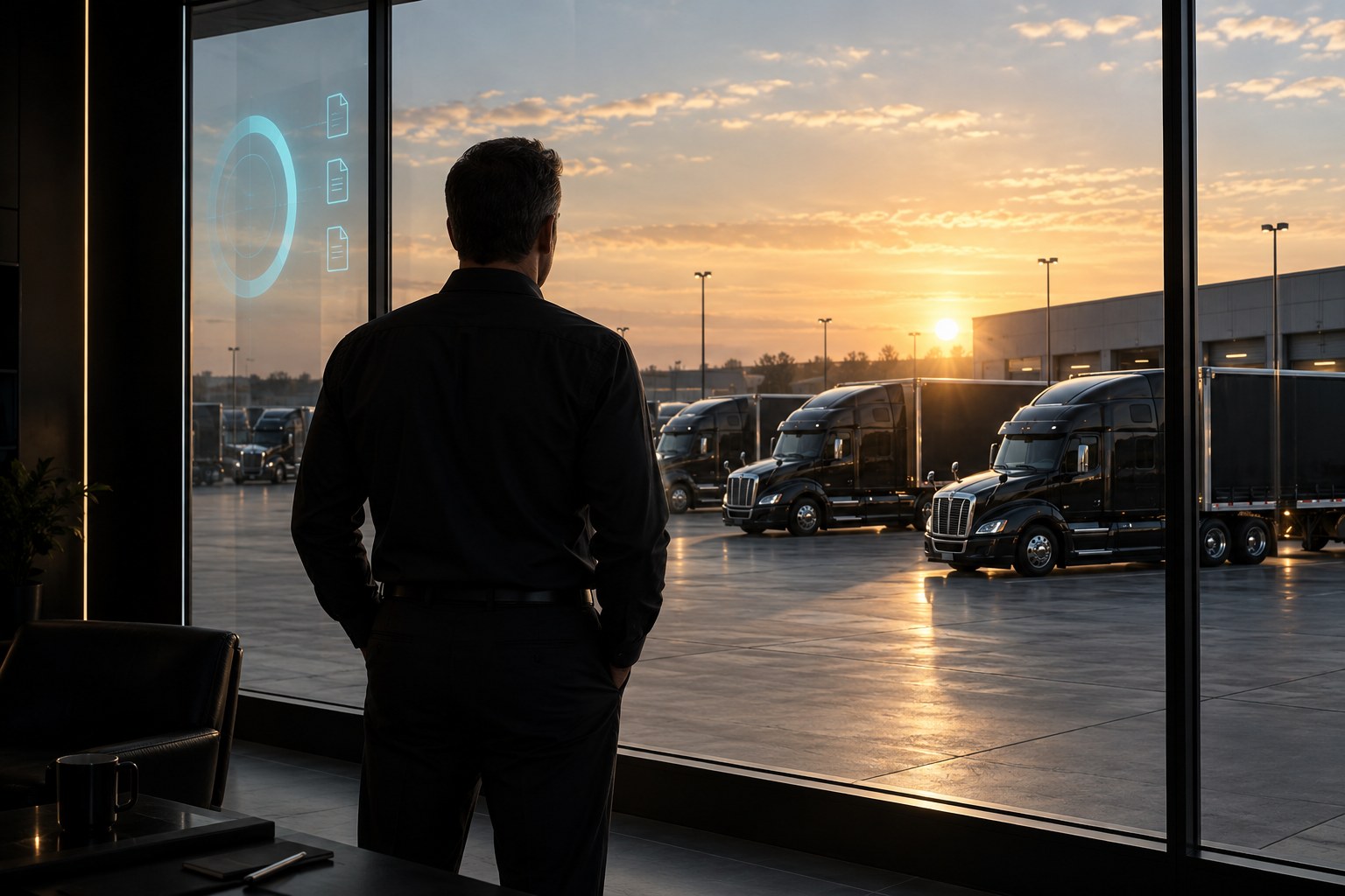 Fleet owner's dark office with a wide wall display on black showing one cyan exposure ring, a ranked list and a document icon column, a window showing trucks in daylight