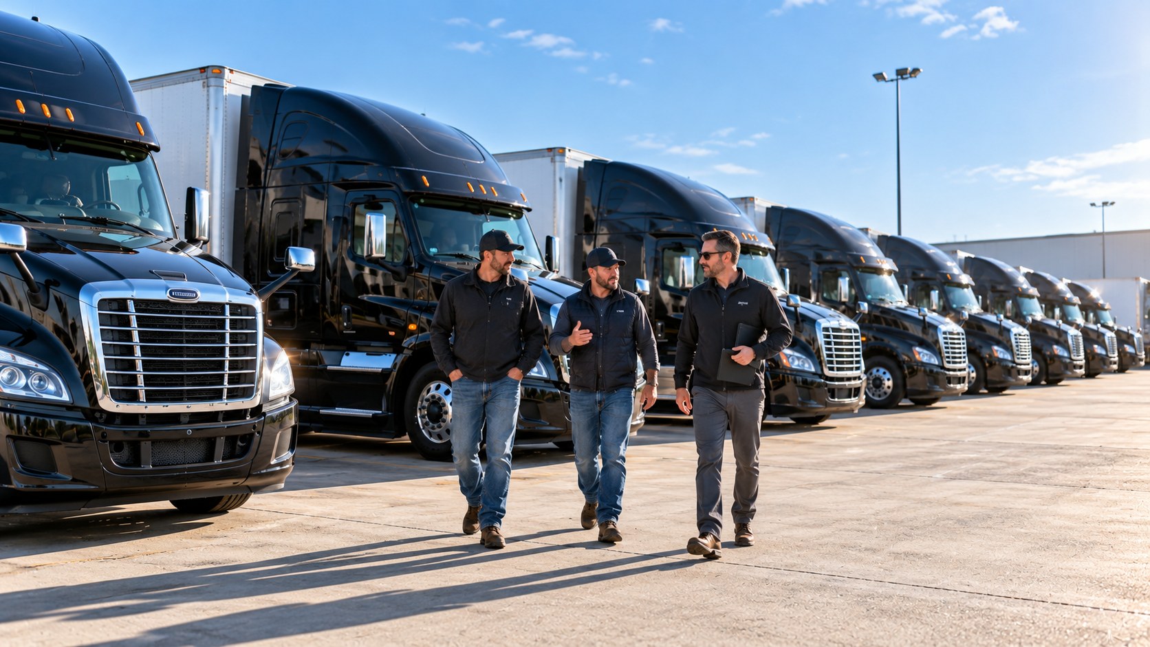 Wide view of a bright terminal yard with a row of black tractors and white trailers, the owner and two managers walking the line