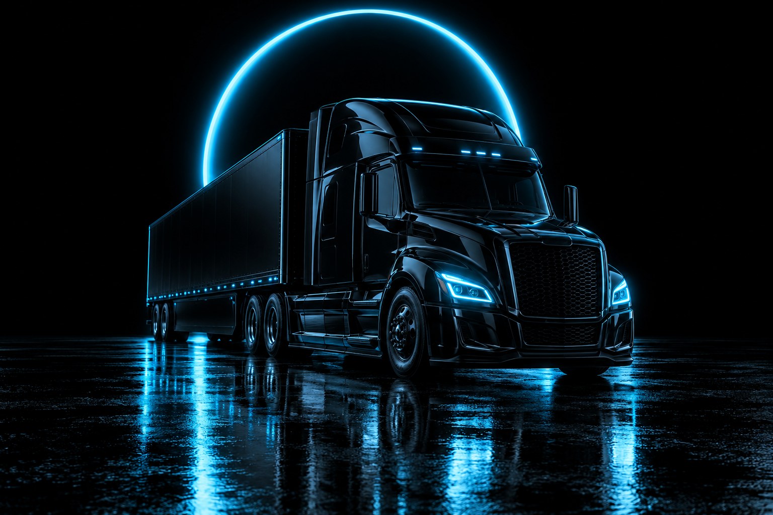 X3 Legal: a black tractor under a ring of cyan light on a wet black floor
