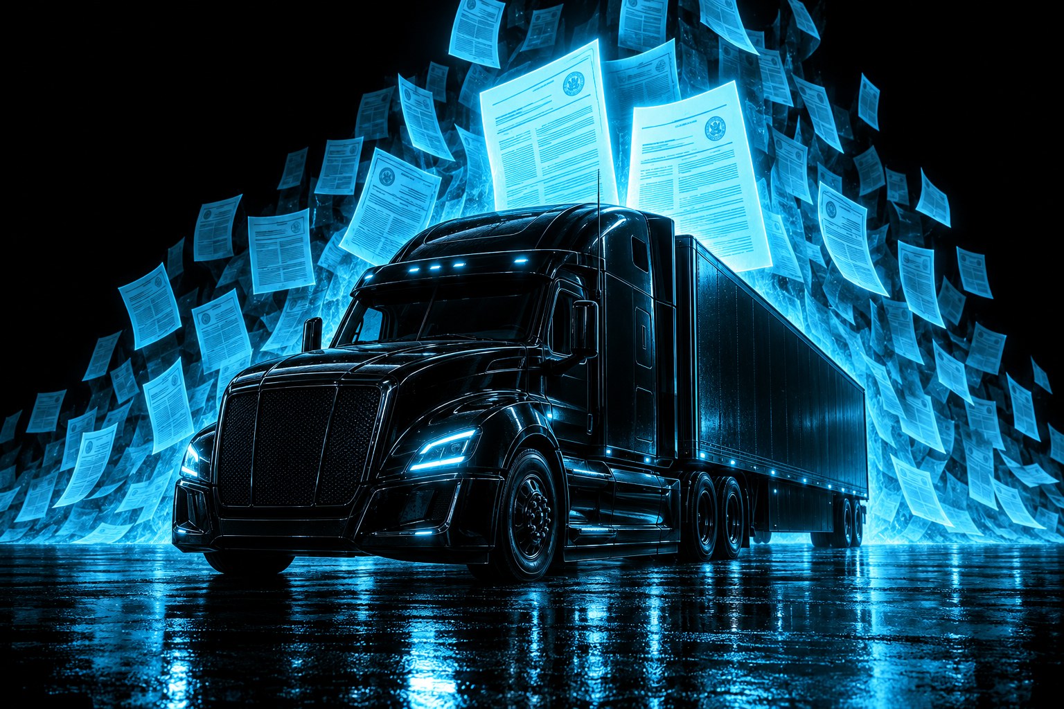 X3 GC Brain: a black tractor-trailer on a wet black floor surrounded by a wall of glowing cyan documents