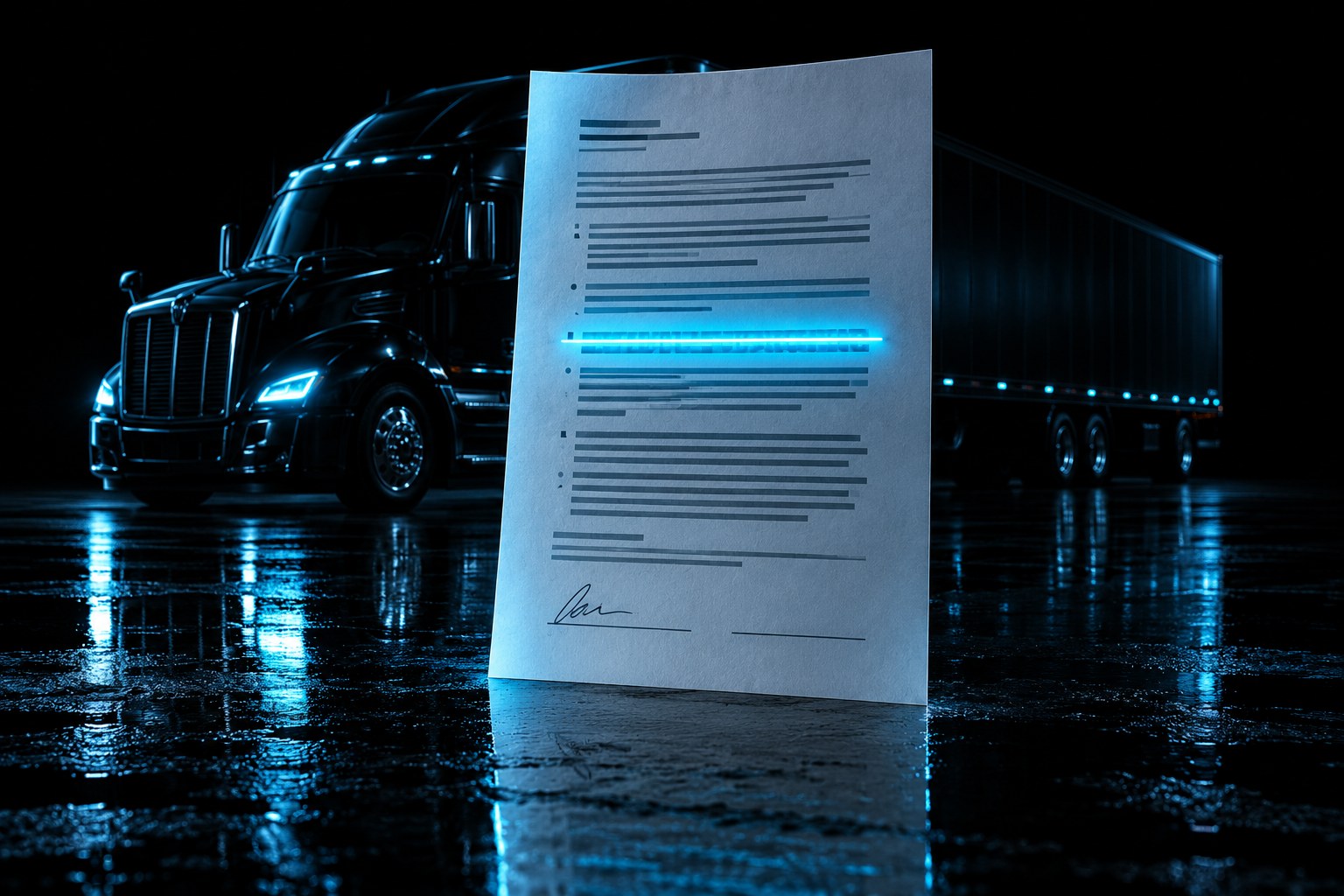 A single printed contract page standing on a wet black floor with one clause glowing cyan, a black tractor-trailer behind it
