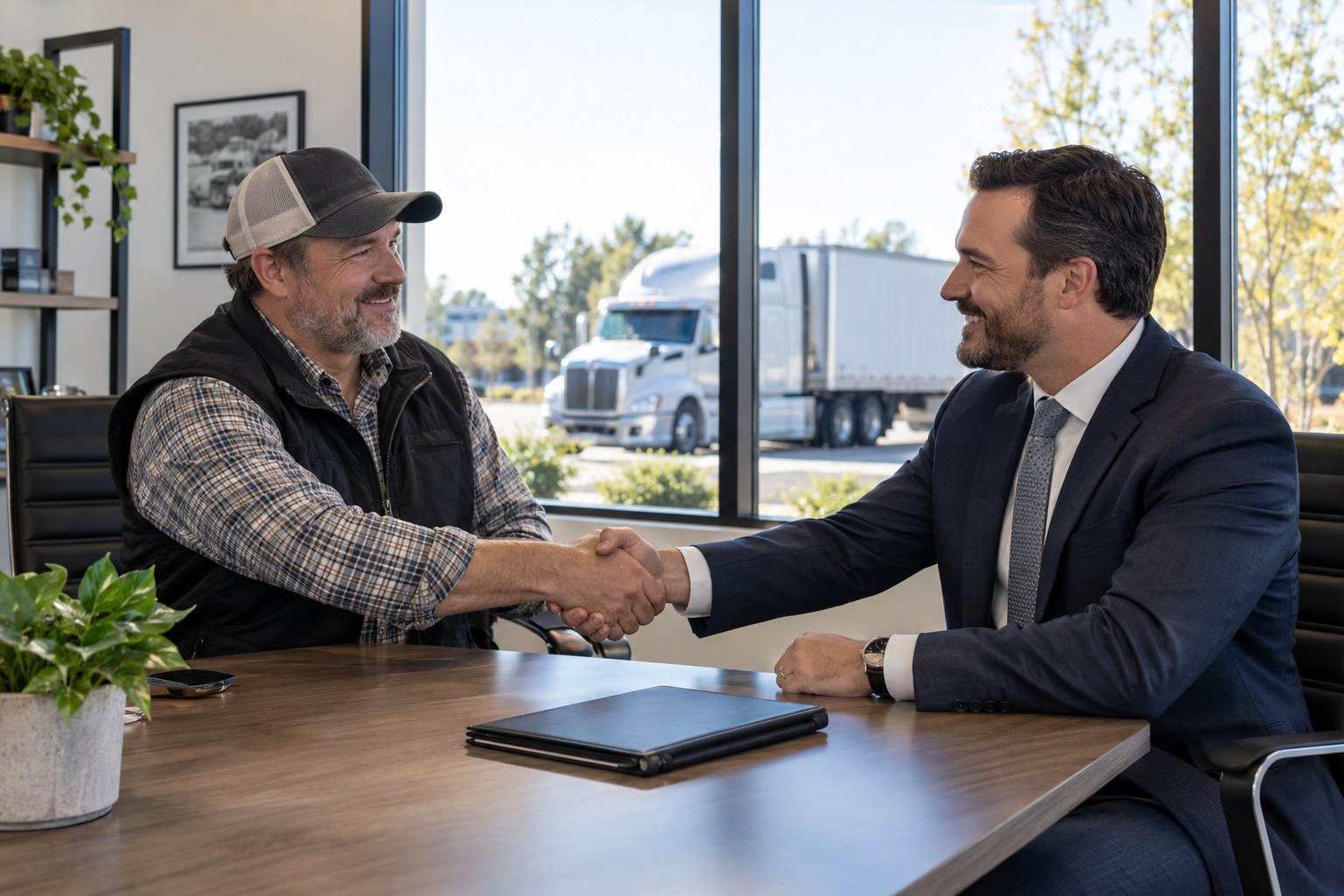Fleet owner shaking hands with his attorney in a bright office, a signed brief on the table, his truck through the window