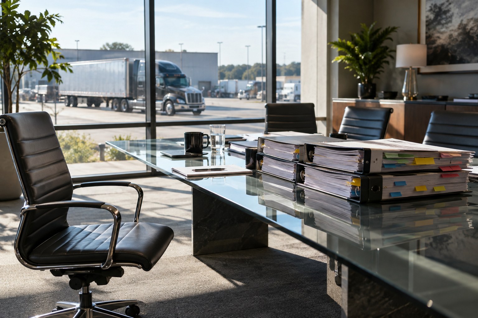 Bright conference room with the fleet's contract binders stacked and tabbed on a glass table, a black tractor-trailer through the window behind