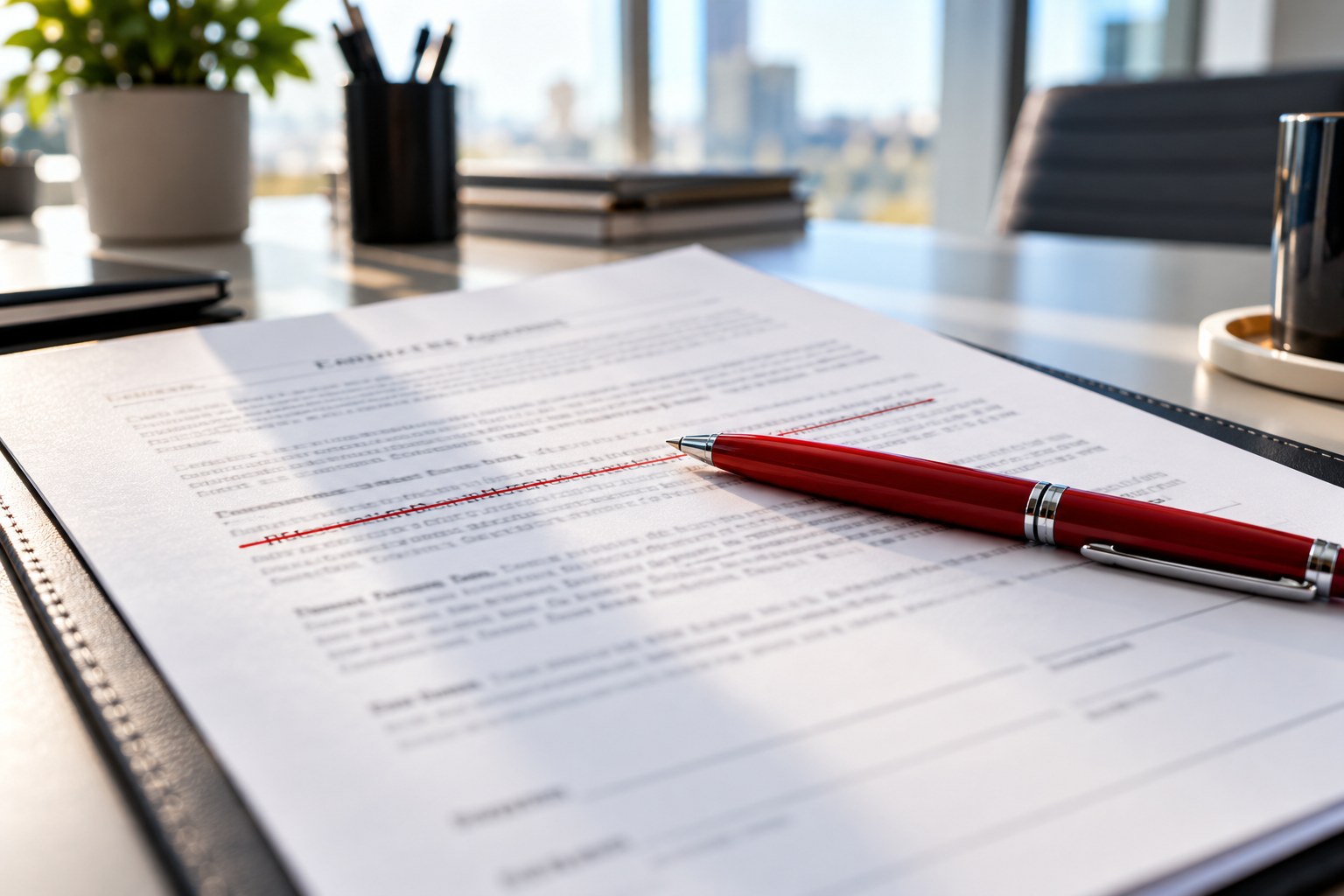 Close-up of a printed agreement on a sunlit desk with one clause struck through in red ink, a red pen resting on the page